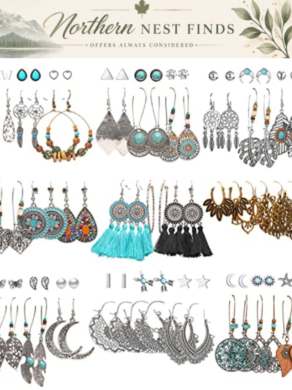 45 Pairs Boho Dangle Earrings Set Alloy Tassel Leaf Feather Hollow Hook
